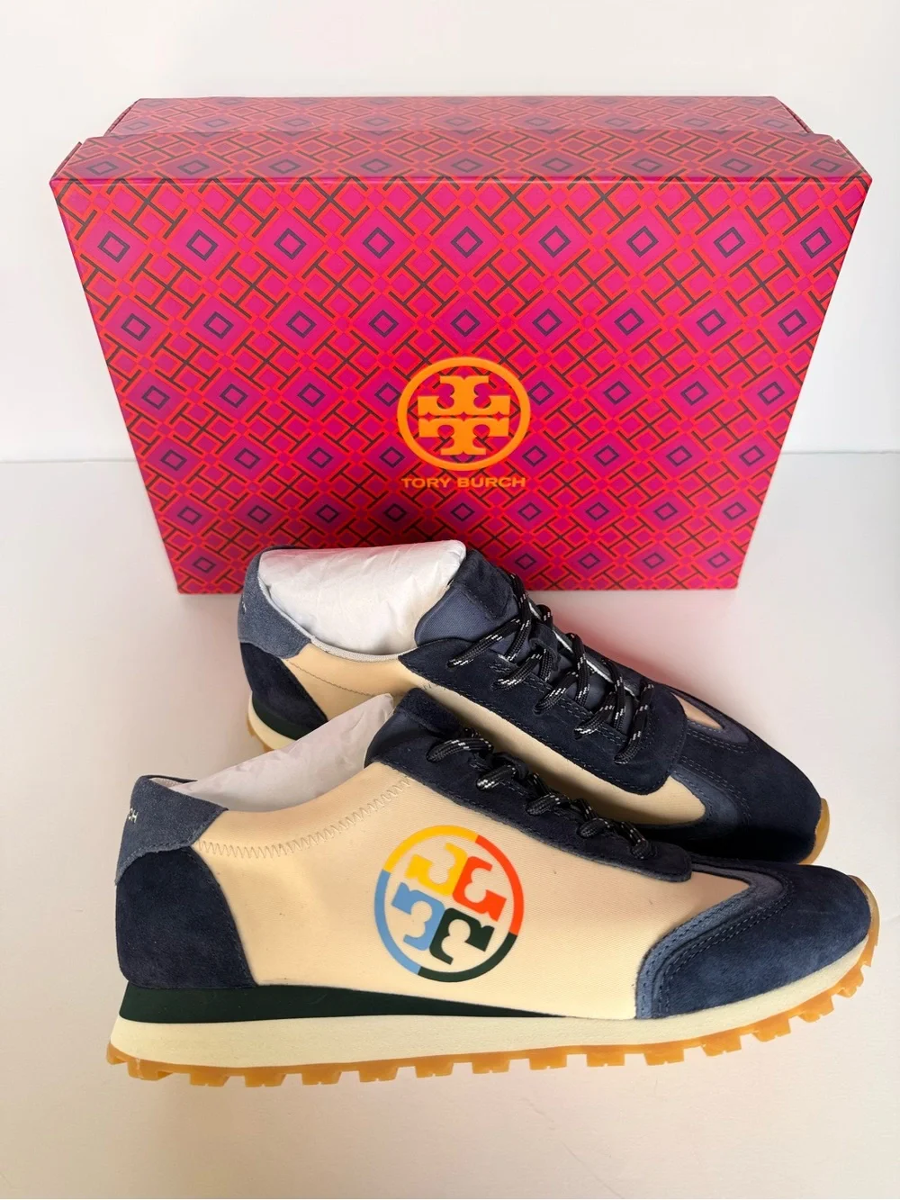 Tory Burch Annie Nylon Runner Sneakers New Cream Tempesta Blue Suede 7.5